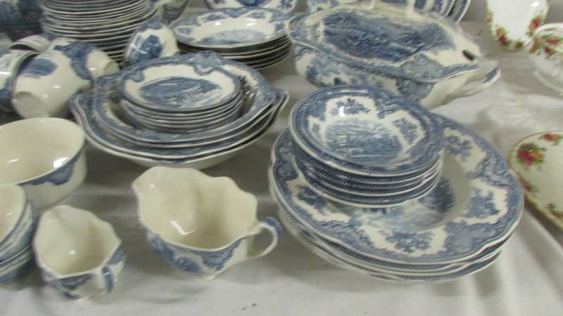 In excess of 200 pieces of Johnson Bros., blue and white tea and dinnerware inc. castle patterns. - Image 4 of 10