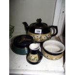 A lead glazed 3 piece tea set (sugar bowl a/f) and a tobacco jar