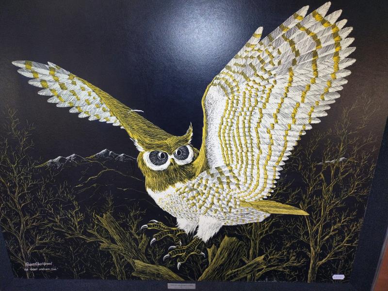 A large picture of a great horned owl by Richard Reid Mason (87cm x 72cm,) COLLECT ONLY - Image 2 of 3