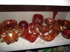 A large quantity of amber carnival glass