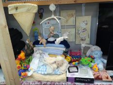 A large quantity of baby related soft toys, bedding, photo's & pictures etc.