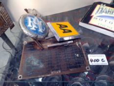 A 1960's Jaguar chassis plate & AA & RAC car badges