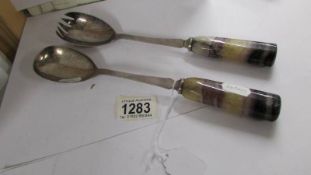 A pair of antique silver plate salad/vegetable servers with blue John stone handles.