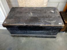 A large antique tool box containing boring tools & carpenters drill bits (94cm x 49cm x 42cm