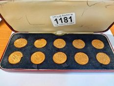 A cased set of ten gold sovereigns, 1964, 1965, 1957, 1958 x 2, 1959, 1962, 1966, 1967 and 1968.