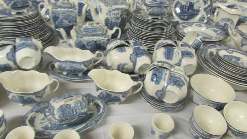 In excess of 200 pieces of Johnson Bros., blue and white tea and dinnerware inc. castle patterns. - Image 6 of 10