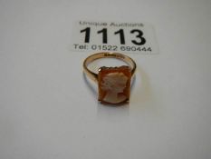 A 9ct gold cameo ring, size M, 4 grams, in good condition, well marked.