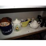 Quantity of pottery including Sylvac tea caddy etc plus set of 6 black glass egg cups