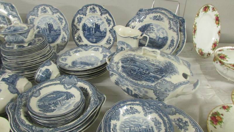 In excess of 200 pieces of Johnson Bros., blue and white tea and dinnerware inc. castle patterns. - Image 3 of 10