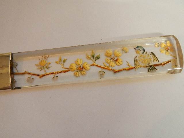 A Victorian ivory letter opener with glass handle decorated with birds and flowers. A/F - Image 2 of 4