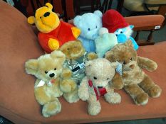 A quantity of soft toys including Papa Smurf