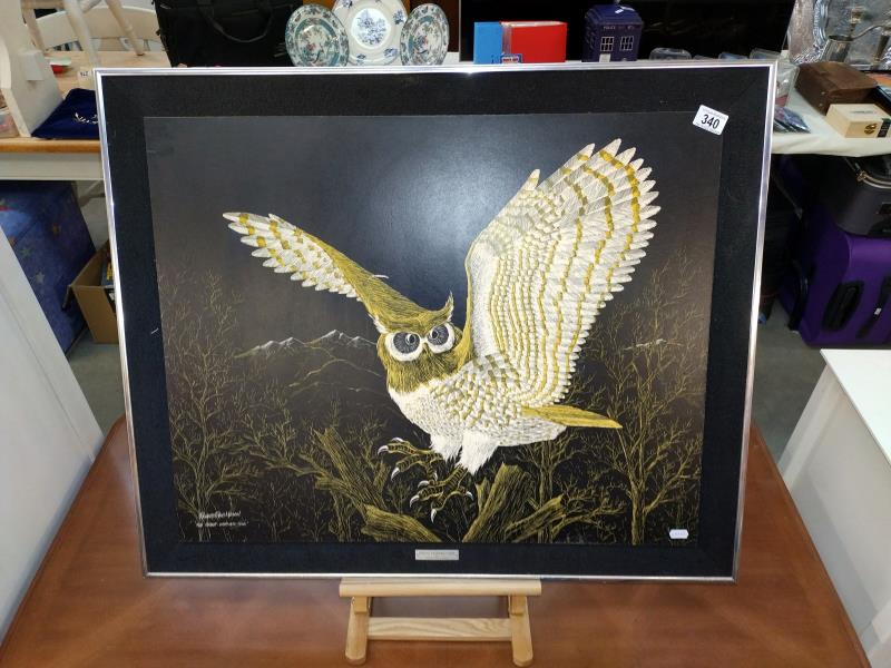 A large picture of a great horned owl by Richard Reid Mason (87cm x 72cm,) COLLECT ONLY