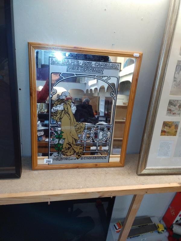 A framed mirror decorated La Dame Aux Camelias, Sarah Bernhardt