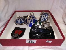 3 RAC and Rover owners car badges and Lesney Rolls Royce ashtray