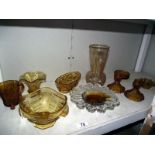 A selection of 1930's amber glass including candlesticks, vases etc COLLECT ONLY