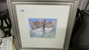 A framed watercolour and gouache painting of two kittens entitled 'Please' signed Nigel Farnworth,