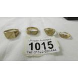 Four 9ct gold rings, sizes J, Q, R and X, 9.6 grams.
