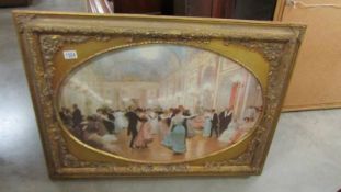 A framed and glazed oval ballroom scene in good quality gilt frame. (91cm x 66cm including frame)