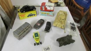 A mixed lot of die-cast including French Dinky Panherd & Mercedes, Budgie toys, Police patrol car,
