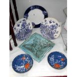 2 swallow blue and white plates, 2 Chinese plates and 2 others