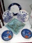 2 swallow blue and white plates, 2 Chinese plates and 2 others