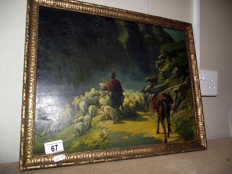 A gilt framed painting of mountain sheep, signed but indistinct, 49cm x 39cm, COLLECT ONLY