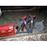 A pair of axle stands, battery charger and 240v electric motor, COLLECT ONLY