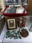 2 wicker baskets, photo frames, frog ornaments etc