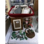 2 wicker baskets, photo frames, frog ornaments etc