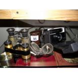 2 sets of vintage opera glasses, Kodak instamatic and a vintage pair of goggles in tin