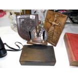 A selection of wooden items and plaque etc