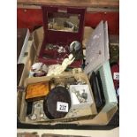 A good lot of interesting items including paperweights, watch, Cloisonne bird & earrings etc.