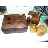 A Victorian inlaid tea caddy a/f, 2 straw boxes and 1 other box