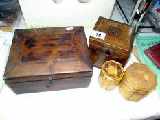 A Victorian inlaid tea caddy a/f, 2 straw boxes and 1 other box