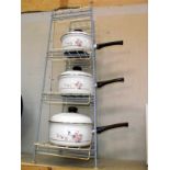 A vintage saucepan stand and set of 3 saucepans with lids, COLLECT ONLY