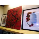 2 framed and glazed prints and a print on canvas, all red flower theme COLLECT ONLY