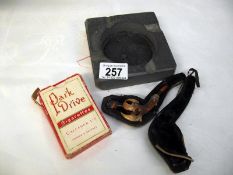 A cased Meerschaum pipe, slate ashtray and Park Drive playing cards