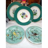 2 hand painted cabinet plates decorated with birds and 3 floral decorated plates