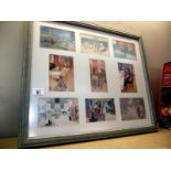 A framed print of postcards, size; 62cm x 52cm, COLLECT ONLY