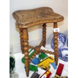 Early 20c oak stool with carved top and bobbin turned legs, height 45cm, COLLECT ONLY