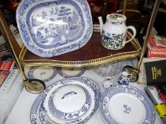 A selection of blue and white pottery including meat platter