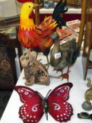 Metal garden ornaments, chicken, duck, dog and butterfly