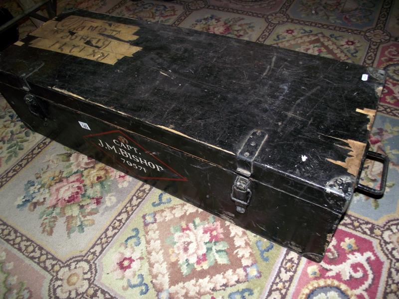A wooden trunk sign written to Capt J M Bishop 79571 and contents of misc tools etc, COLLECT ONLY