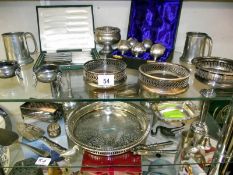 A selection of silver plate including boxed goblets, coasters, tray etc.