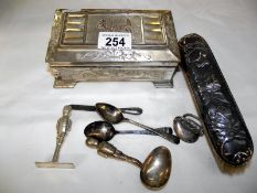 An old silver plated box with dog motif and items of silver and silver plate