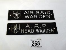 2 rare Lincoln air raid warden and ARP head warden door signs