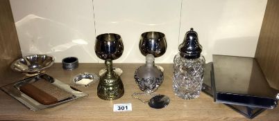 A good selection of silver plate and metal items including 2 cigarette boxes, perfume bottle etc