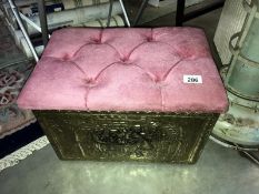 A pressed brass log/coal box with pink fabric deep button top, COLLECT ONLY