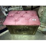A pressed brass log/coal box with pink fabric deep button top, COLLECT ONLY