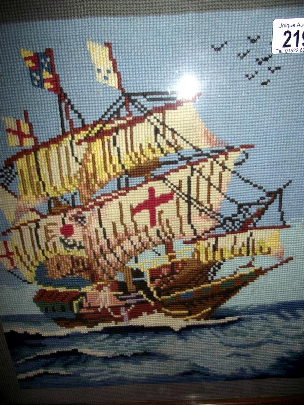 A 1930' to 50's oak framed wool work tapestry of a galleon fire screen, COLLECT ONLY - Image 2 of 2